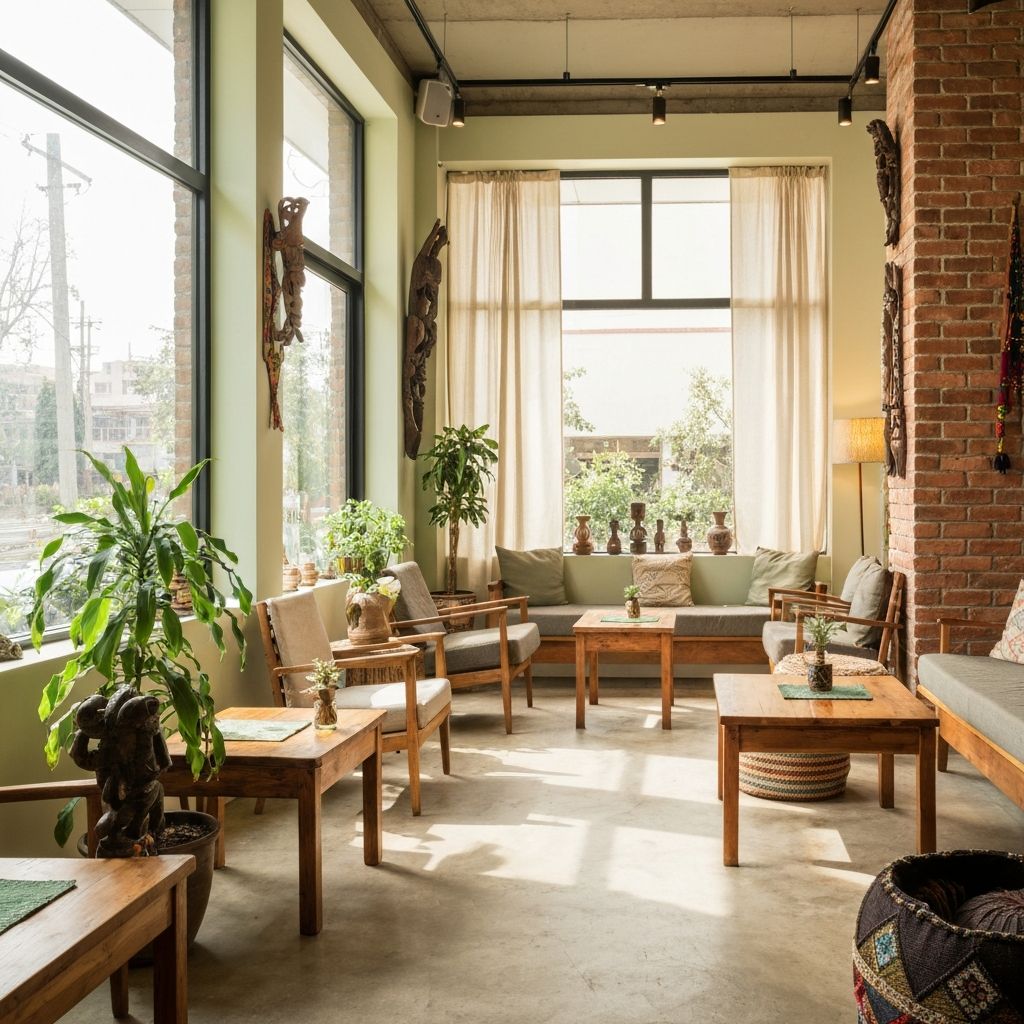 Cozy café interior with natural light and plants